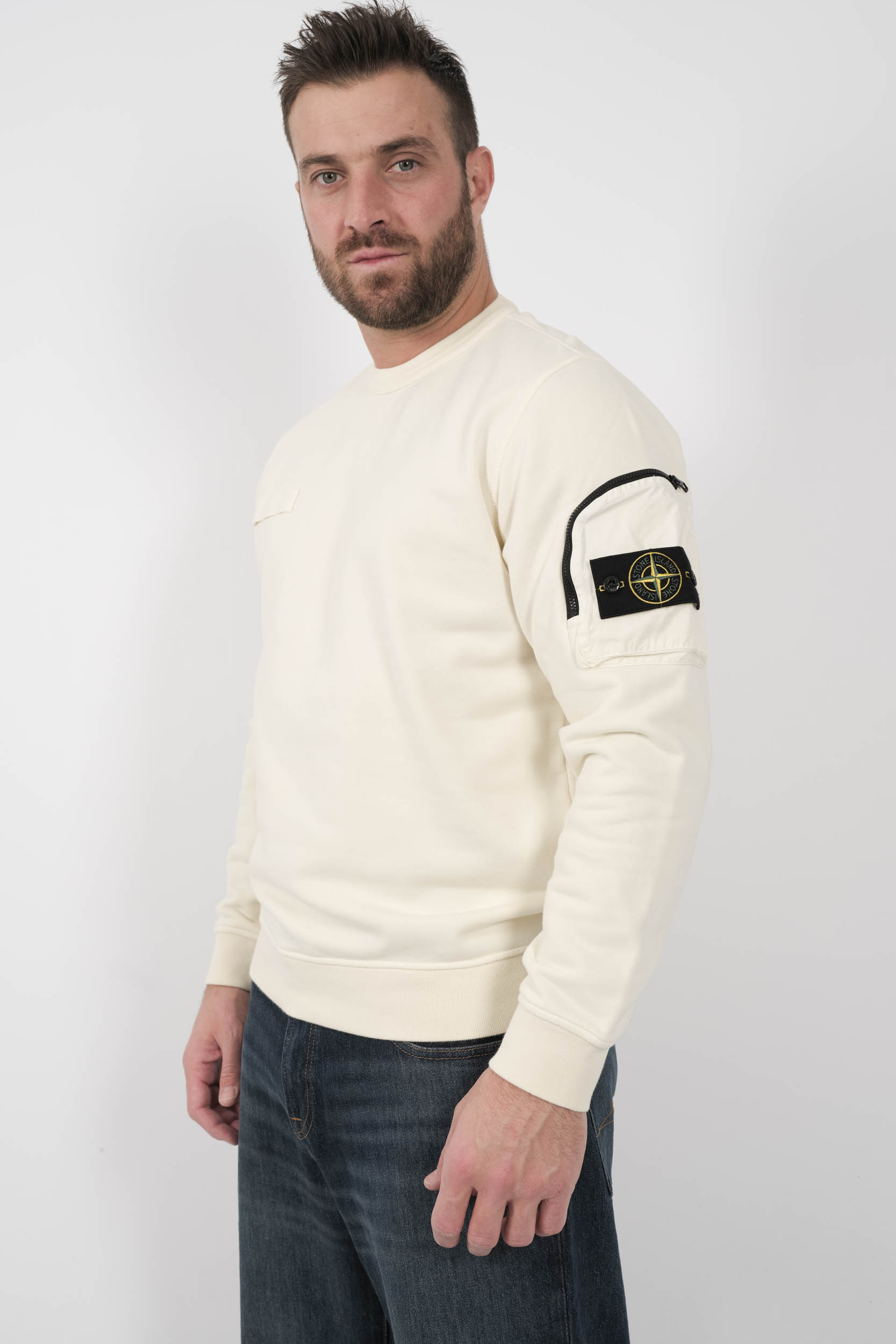 SWEAT STONE ISLAND COL ROND POCHE MANCHE ECRU S156103S123-V0093